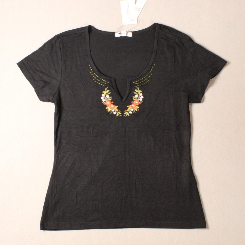 Bogari‎ Womens Black Silk Blend Embroidered Floral Top Size M Boho Short Sleeve